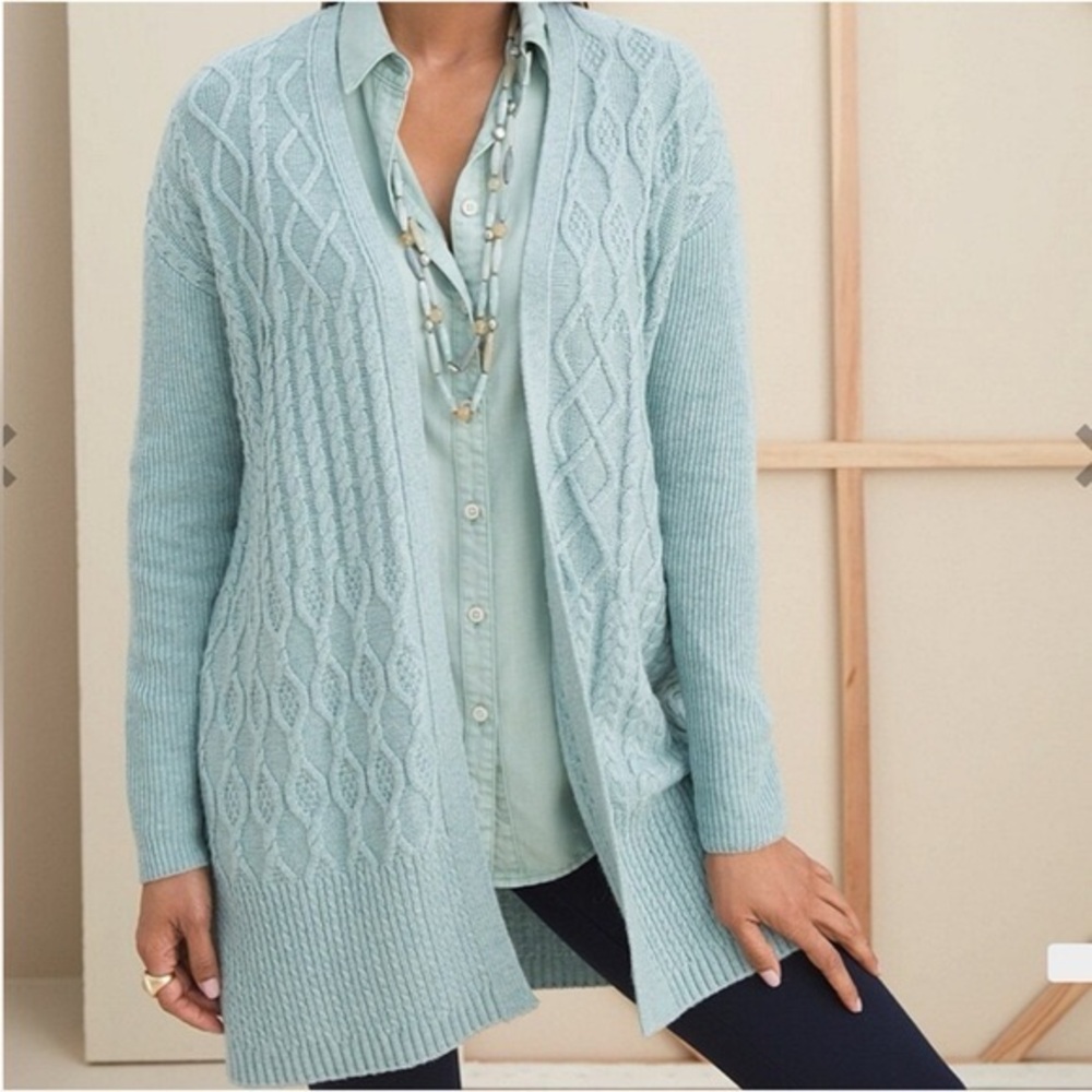 Chico’s Light Blue Teal Cable Knit Cardigan Size 3 XL Cashmere Blend